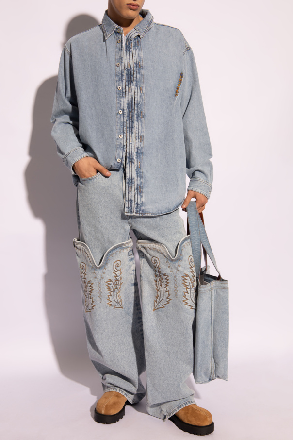 【COSYHARU】Ice Wide Light Blue Denim Pants Shape Light Blue Wash Foldover Waist Jeans | Shape